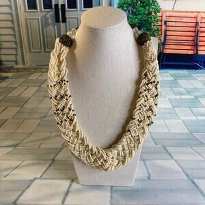 0126 Cream and Brown Braided Seed Bead Necklace w/Antiqued Hardware